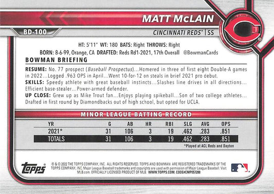 2022 Bowman Draft Matt McLain BD-100 Cincinnati Reds
