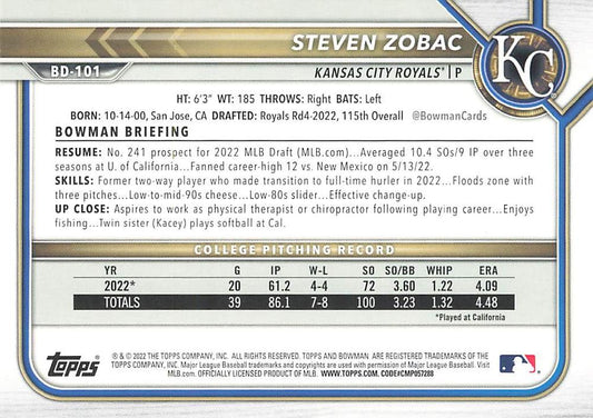 2022 Bowman Draft Steven Zobac BD-101 Kansas City Royals