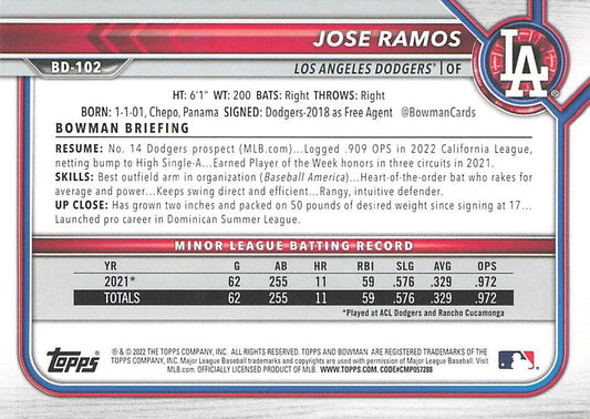 2022 Bowman Draft Jose Ramos BD-102 Los Angeles Dodgers