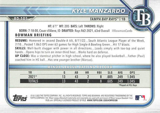 2022 Bowman Draft Kyle Manzardo BD-105 Tampa Bay Rays