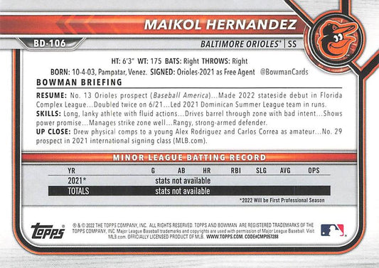 2022 Bowman Draft Maikol Hernandez BD-106 Baltimore Orioles