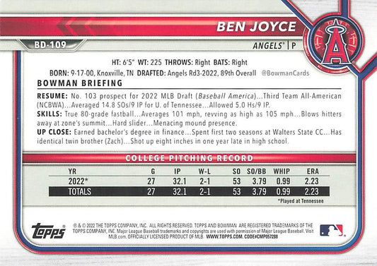 2022 Bowman Draft Ben Joyce FBC 1st Bowman BD-109 Los Angeles Angels