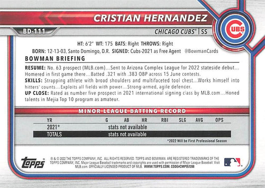 2022 Bowman Draft Cristian Hernandez BD-111 Chicago Cubs
