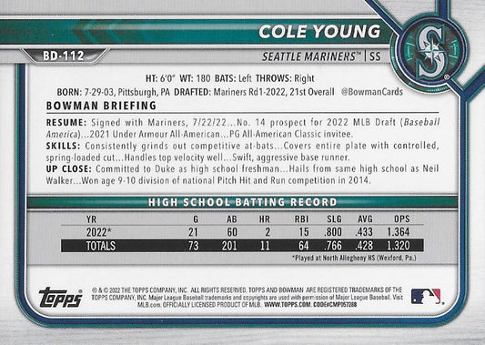 2022 Bowman Draft Cole Young FBC 1st Bowman BD-112 Seattle Mariners