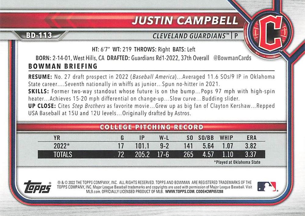 2022 Bowman Draft Justin Campbell FBC 1st Bowman BD-113 Cleveland Guardians