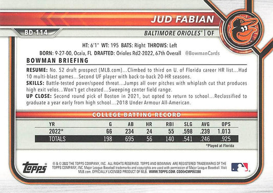 2022 Bowman Draft Jud Fabian FBC 1st Bowman BD-114 Baltimore Orioles