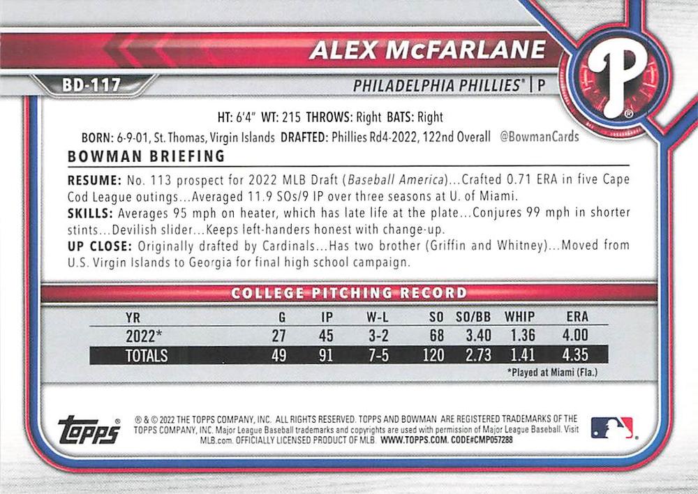 2022 Bowman Draft Alex McFarlane BD-117 Philadelphia Phillies