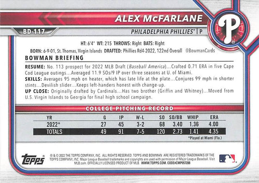 2022 Bowman Draft Alex McFarlane BD-117 Philadelphia Phillies