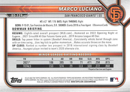 2022 Bowman Draft Marco Luciano BD-129 San Francisco Giants