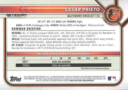 2022 Bowman Draft Cesar Prieto BD-133 Baltimore Orioles