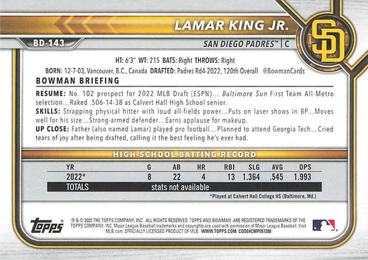 2022 Bowman Draft Lamar King Jr. BD-143 San Diego Padres