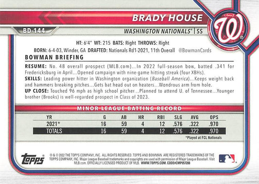 2022 Bowman Draft Brady House BD-144 Washington Nationals