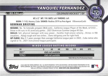 2022 Bowman Draft Yanquiel Fernandez BD-146 Colorado Rockies