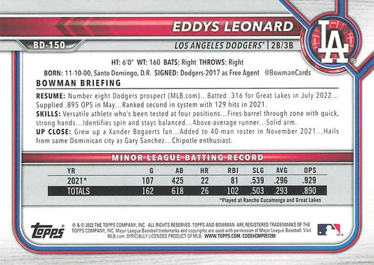 2022 Bowman Draft Eddys Leonard BD-150 Los Angeles Dodgers