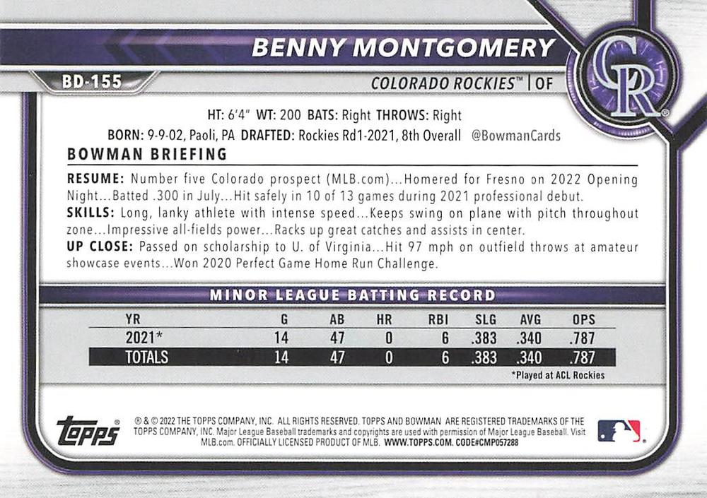 2022 Bowman Draft Benny Montgomery BD-155 Colorado Rockies