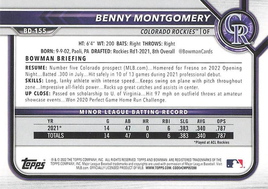 2022 Bowman Draft Benny Montgomery BD-155 Colorado Rockies