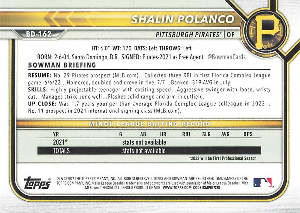 2022 Bowman Draft Shalin Polanco BD-162 Pittsburgh Pirates