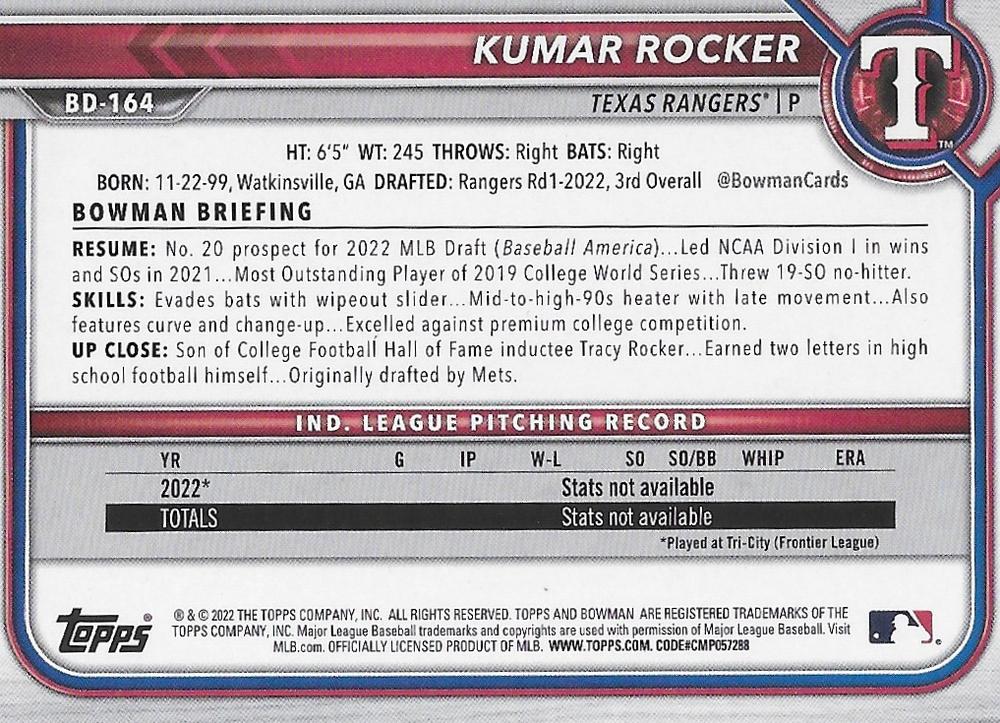 2022 Bowman Draft Kumar Rocker FBC 1st Bowman BD-164 Texas Rangers