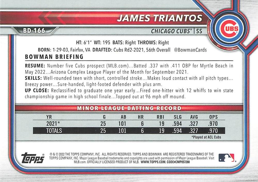 2022 Bowman Draft James Triantos BD-166 Chicago Cubs