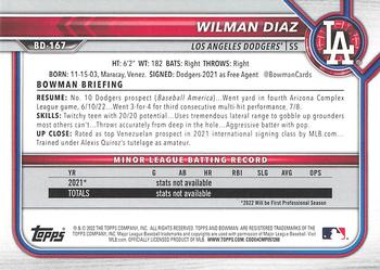 2022 Bowman Draft Wilman Diaz BD-167 Los Angeles Dodgers