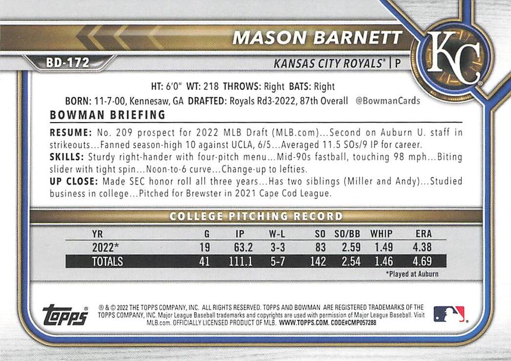 2022 Bowman Draft Mason Barnett FBC 1st Bowman BD-172 Kansas City Royals