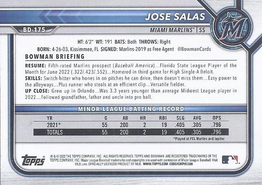 2022 Bowman Draft Jose Salas BD-175 Miami Marlins
