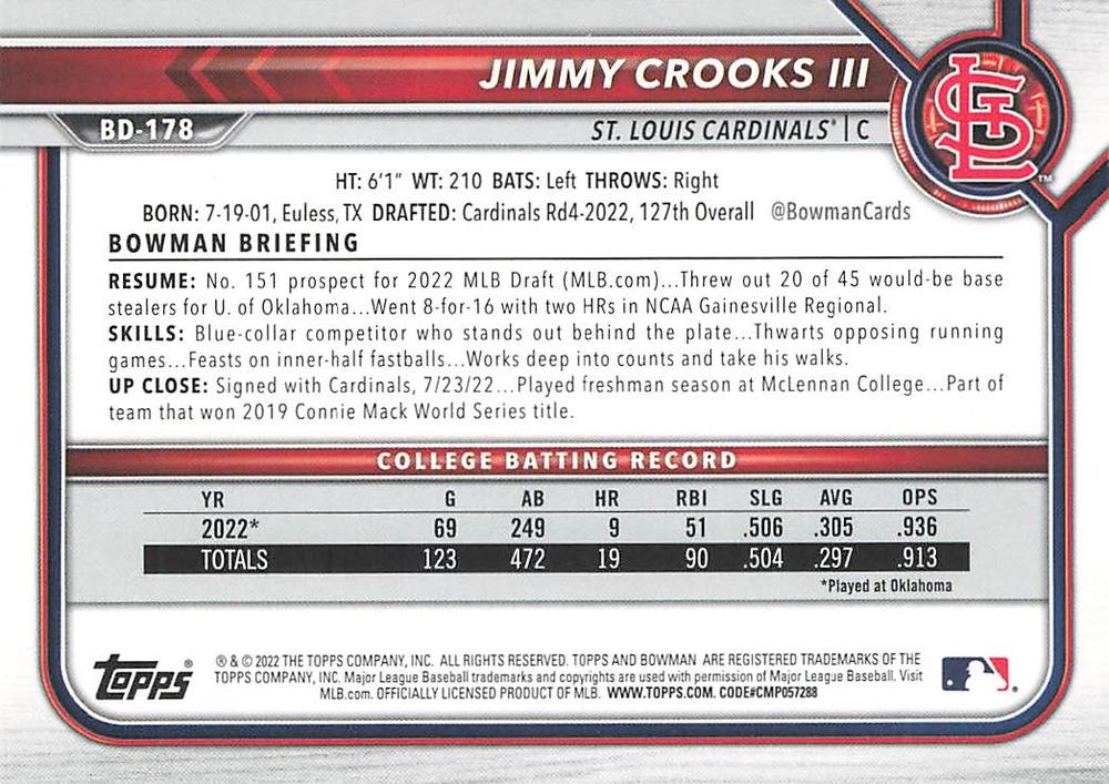 2022 Bowman Draft Jimmy Crooks III FBC 1st Bowman BD-178 St. Louis Cardinals