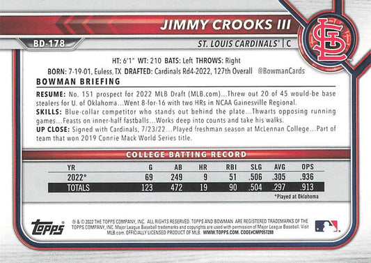 2022 Bowman Draft Jimmy Crooks III FBC 1st Bowman BD-178 St. Louis Cardinals
