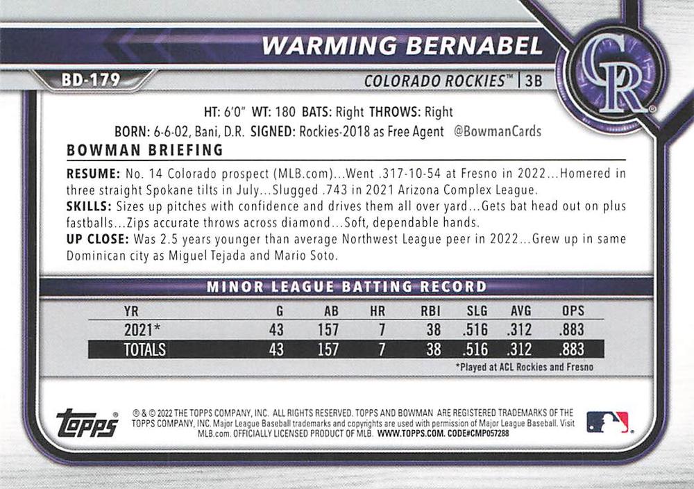 2022 Bowman Draft Warming Bernabel BD-179 Colorado Rockies