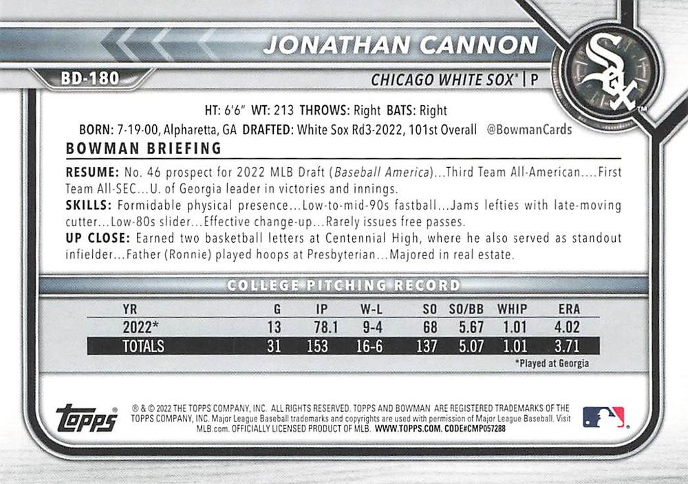 2022 Bowman Draft Jonathan Cannon BD-180 Chicago White Sox