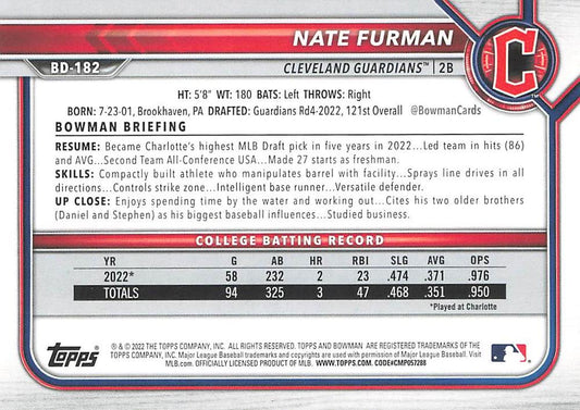 2022 Bowman Draft Nate Furman FBC 1st Bowman BD-182 Cleveland Guardians