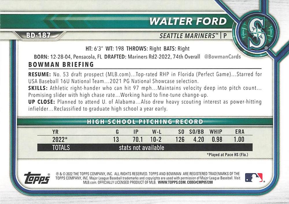 2022 Bowman Draft Walter Ford FBC 1st Bowman BD-187 Seattle Mariners
