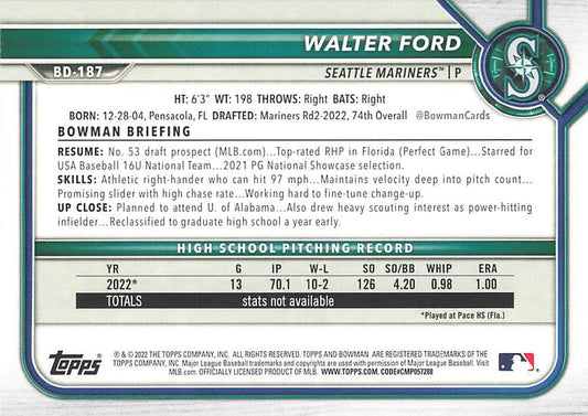 2022 Bowman Draft Walter Ford FBC 1st Bowman BD-187 Seattle Mariners