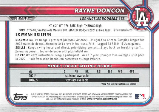 2022 Bowman Draft Rayne Doncon BD-188 Los Angeles Dodgers