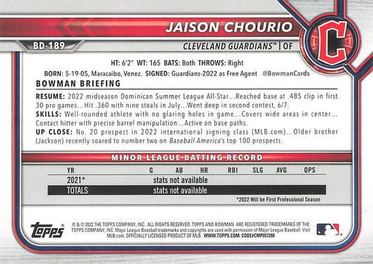 2022 Bowman Draft Jaison Chourio BD-189 Cleveland Guardians