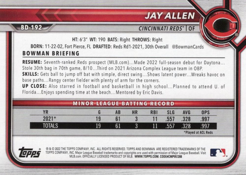 2022 Bowman Draft Jay Allen BD-192 Cincinnati Reds