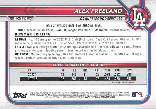 2022 Bowman Draft Alex Freeland FBC 1st Bowman BD-194 Los Angeles Dodgers