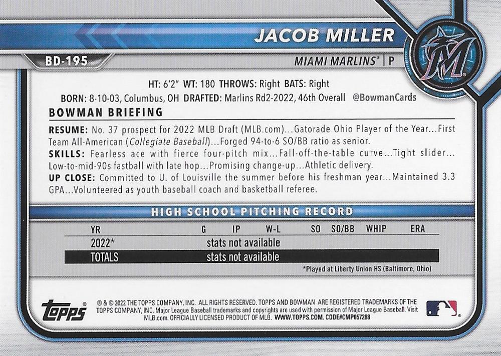2022 Bowman Draft Jacob Miller FBC 1st Bowman BD-195 Miami Marlins