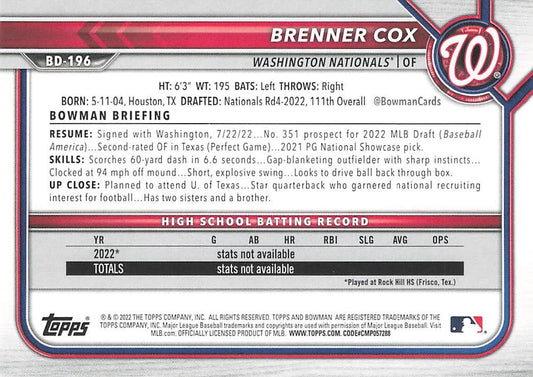 2022 Bowman Draft Brenner Cox FBC 1st Bowman BD-196 Washington Nationals