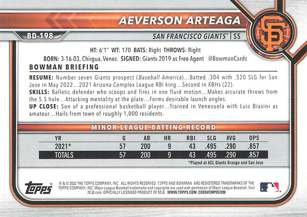 2022 Bowman Draft Aeverson Arteaga BD-198 San Francisco Giants