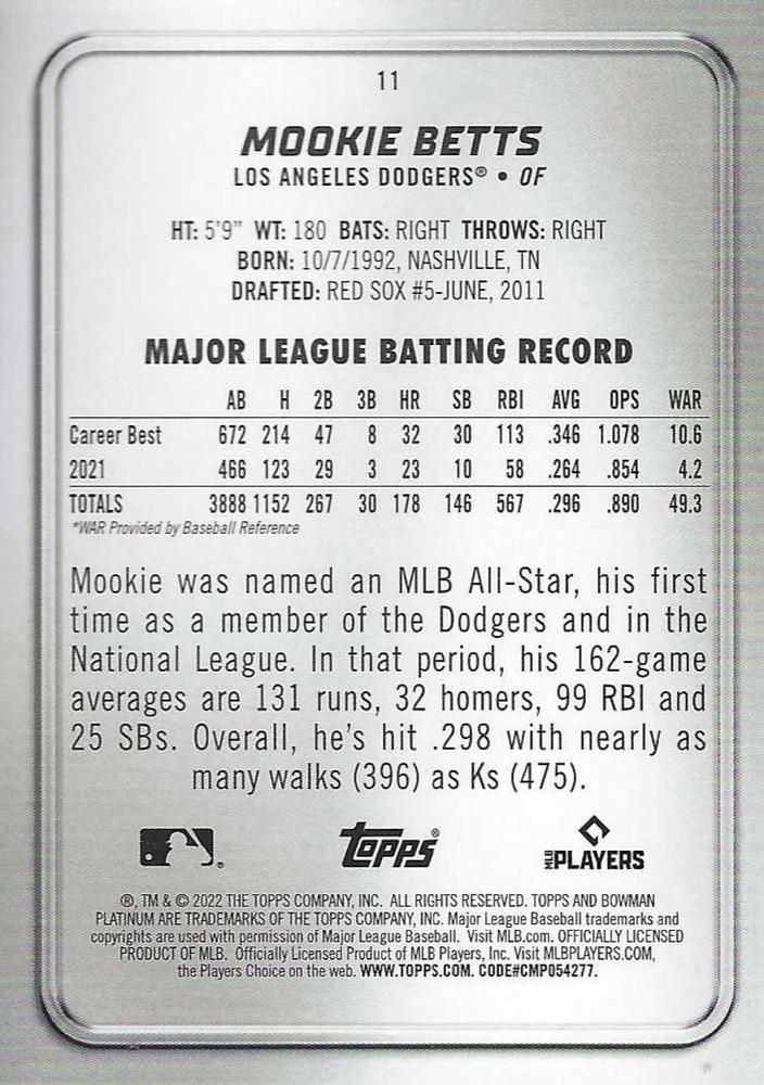 2022 Bowman Platinum Base Mookie Betts #11 Los Angeles Dodgers