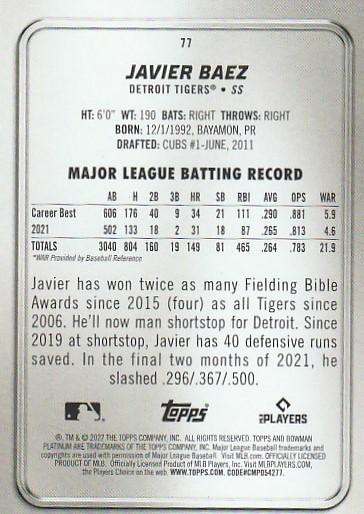 2022 Bowman Platinum Base Javier Baez #77 Detroit Tigers