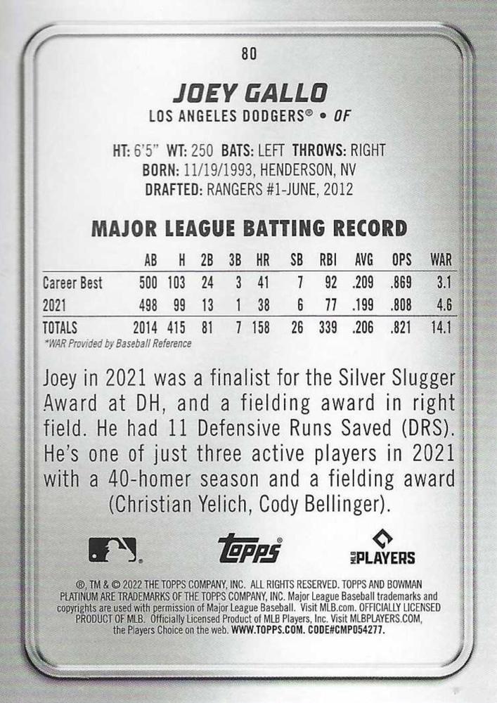 2022 Bowman Platinum Base Joey Gallo #80 Los Angeles Dodgers