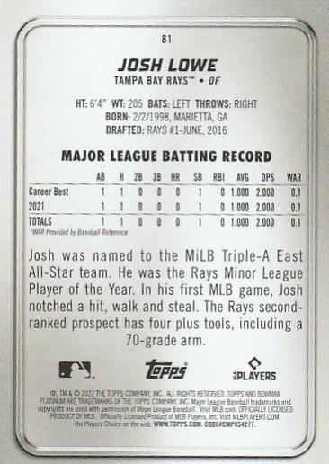 2022 Bowman Platinum Base Josh Lowe RC #81 Tampa Bay Rays