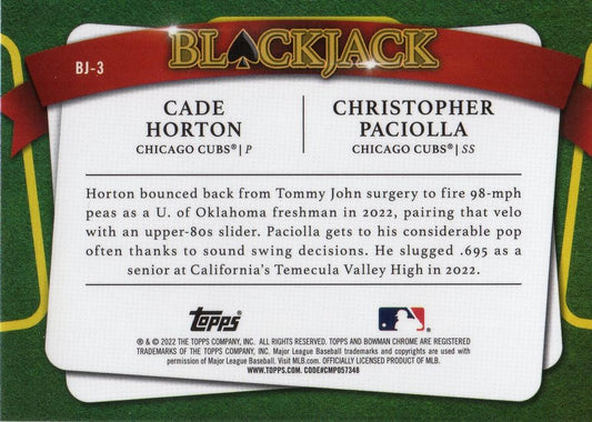 2022 Bowman Draft Blackjack Christopher Paciolla / Cade Horton BJ-3 Chicago Cubs