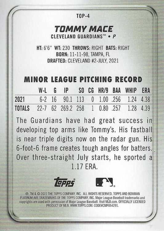 2022 Bowman Platinum Top Prospects Tommy Mace #TOP-4 Cleveland Guardians