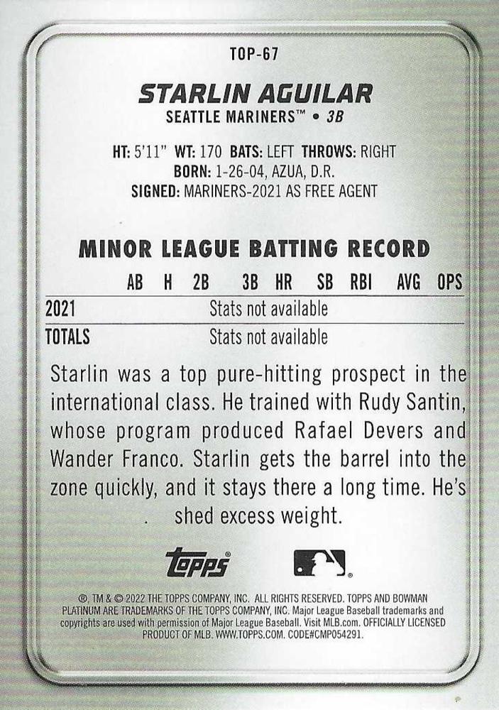 2022 Bowman Platinum Top Prospects Starlin Aguilar #TOP-67 Seattle Mariners