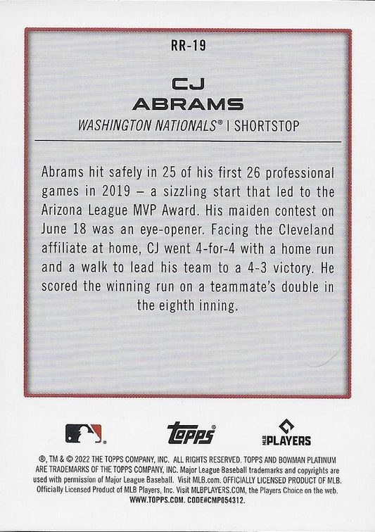 2022 Bowman Platinum Renowned Rookies CJ Abrams RC #RR-19 Washington Nationals