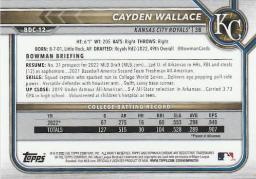 2022 Bowman Chrome Refractor Cayden Wallace BDC-12 Kansas City Royals