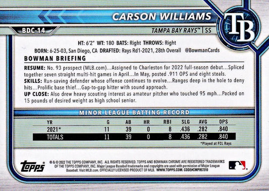 2022 Bowman Chrome Refractor Carson Williams BDC-14 Tampa Bay Rays